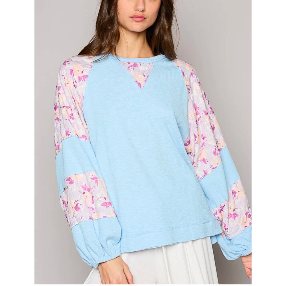 POL Sky Blue Long Sleeve Tee with Pink Floral Panels